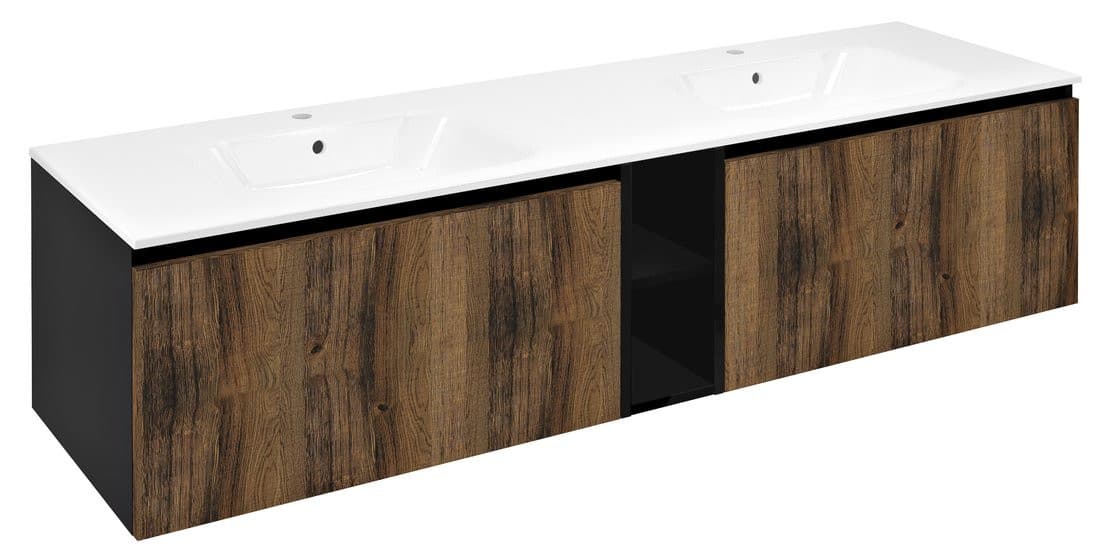 LOREA szafka z podwójną umywalką 161x46x51,5cm (70+20+70cm), dąb collingwood/czarny mat