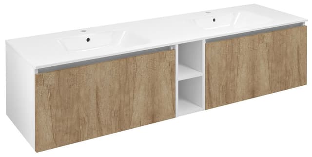LOREA szafka z podwójną umywalką 181x46x51,5cm (80+20+80cm), dąb alabama/biały mat