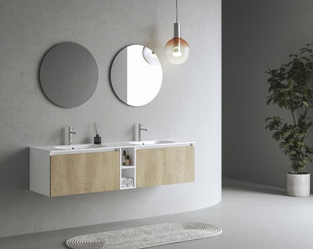 LOREA szafka z podwójną umywalką 181x46x51,5cm (80+20+80cm), dąb alabama/biały mat