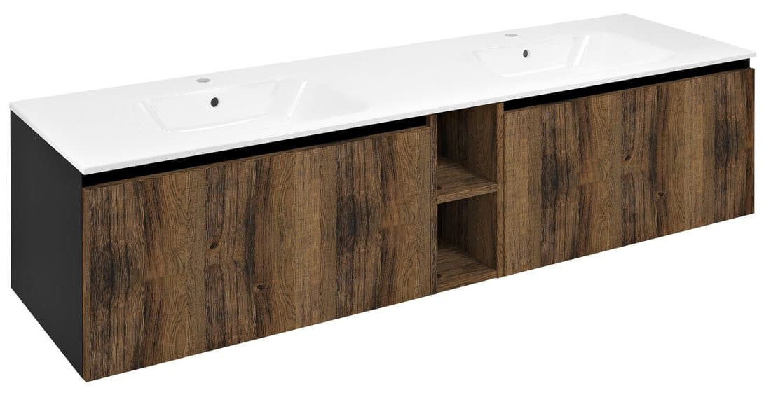 LOREA szafka z podwójną umywalką 181x46x51,5cm (80+20+80cm), dąb collingwood/czarny mat