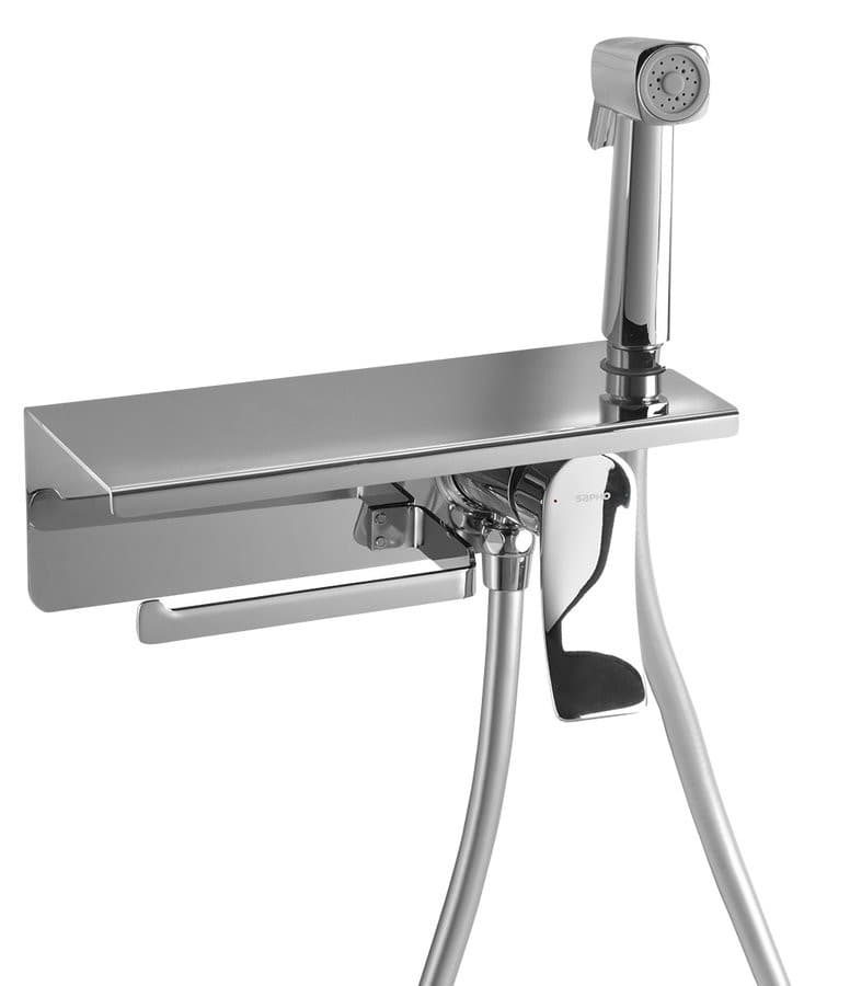 Bateria podtynkowa bidetowa stojąca z głowicą prysznicową i uchwytem na papier toaletowy, chrom