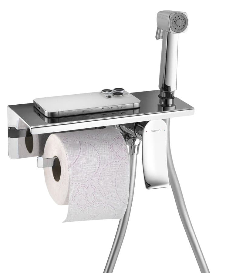 Bateria podtynkowa bidetowa stojąca z głowicą prysznicową i uchwytem na papier toaletowy, chrom