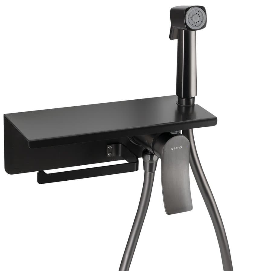 Bateria bidetowa podtynkowa ze słuchawką, wężem i uchwytem na papier toaletowy, gun metal