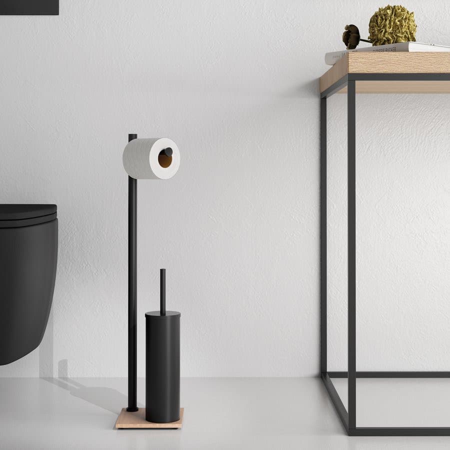 TRILLY stojak z wieszakiem na papier toaletowy oraz szczotką WC, czarny mat/bambus