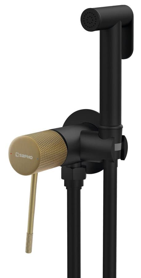 SOLARIS bateria bidetowa podtynkowa ze słuchawką bidetową i wężem, okrągły, czarny/złoto mat