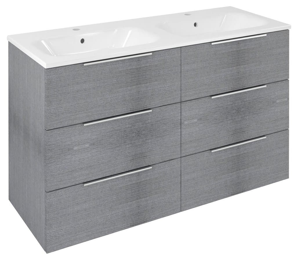 CIRASA szafka umywalkowa z podwójną umywalką 121x77x46cm, 3x zsuflad, srebrny dąb