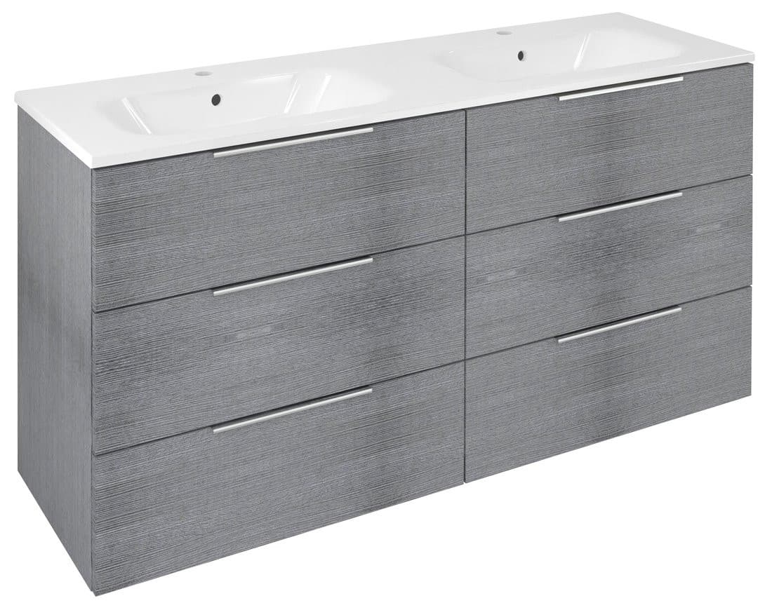 CIRASA szafka umywalkowa z podwójną umywalką 141x77x46cm, 3x zsuflad, srebrny dąb