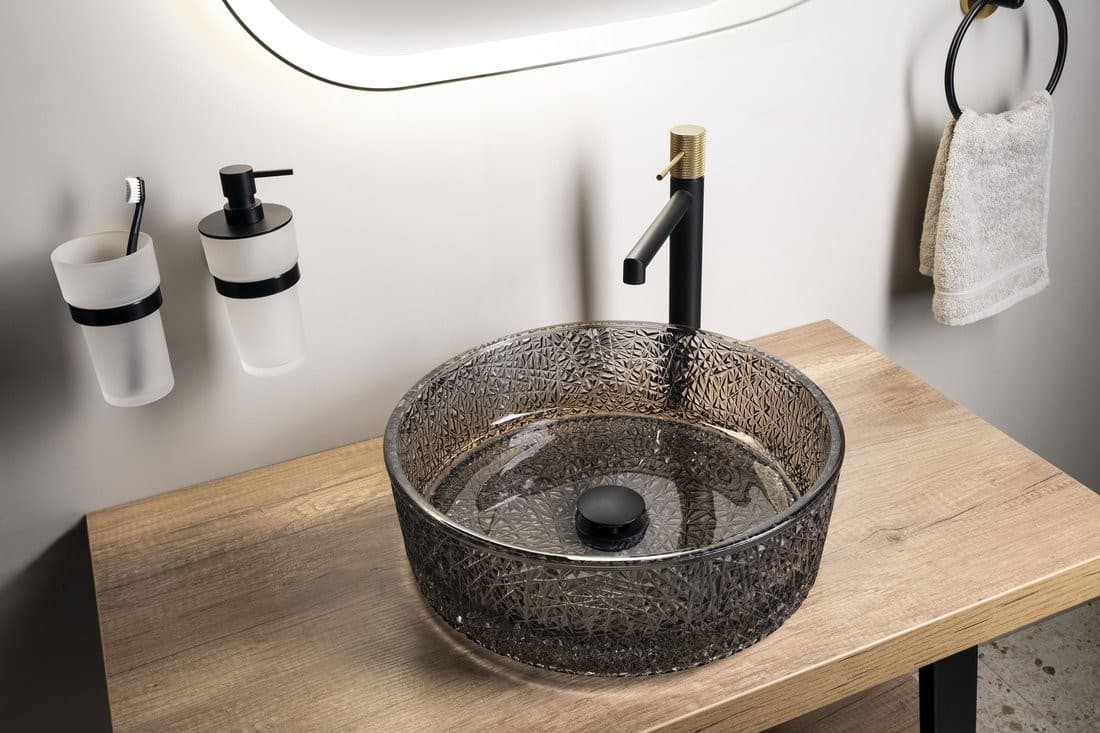 ERSEL grawerowana szklana umywalka nablatowa średnica 39,5cm, czarny
