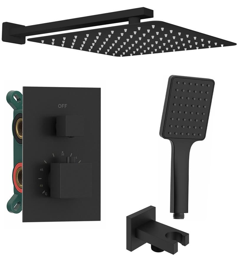 Zestaw prysznicowy z baterią podtynkową, termostat, 2 wyjścia, box podtynkowy, czarny mat