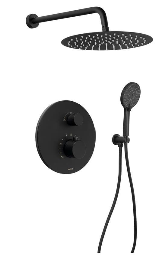Zestaw prysznicowy z baterią podtynkową, termostat, 2 wyjścia, box podtynkowy, czarny mat