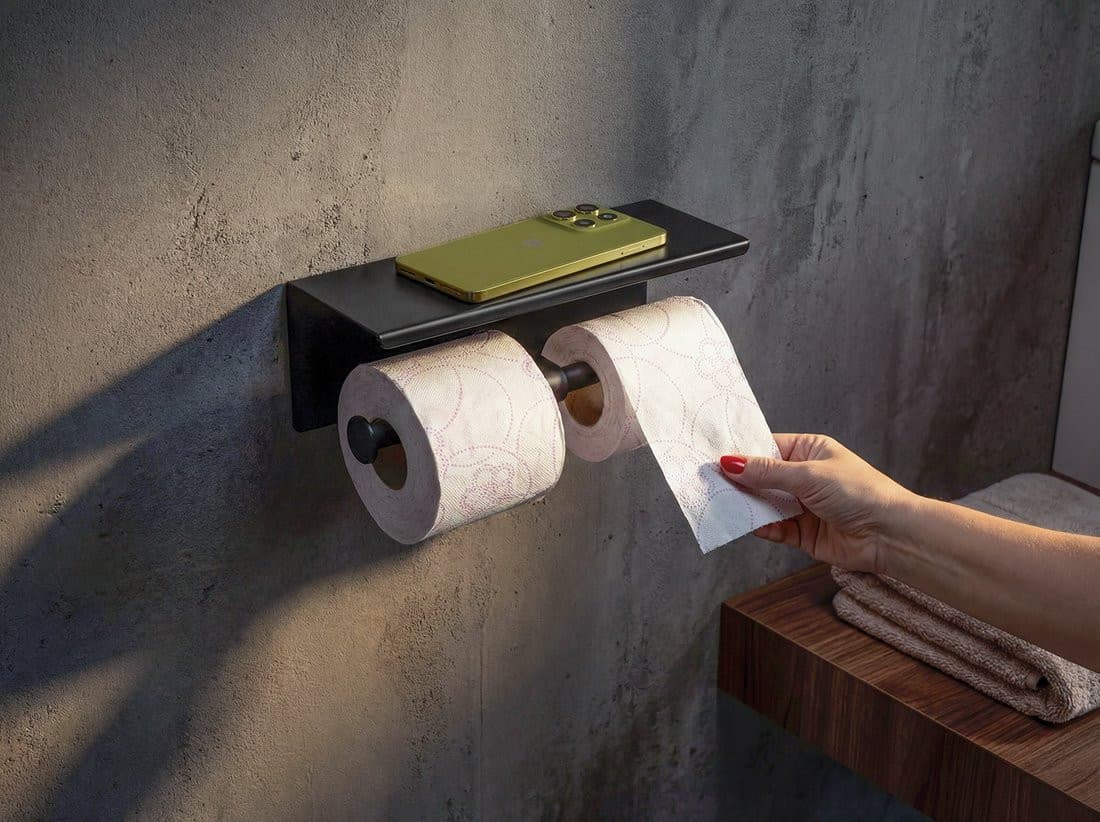 Podwójny wieszak na papier toaletowy z półką 30cm, czarny mat