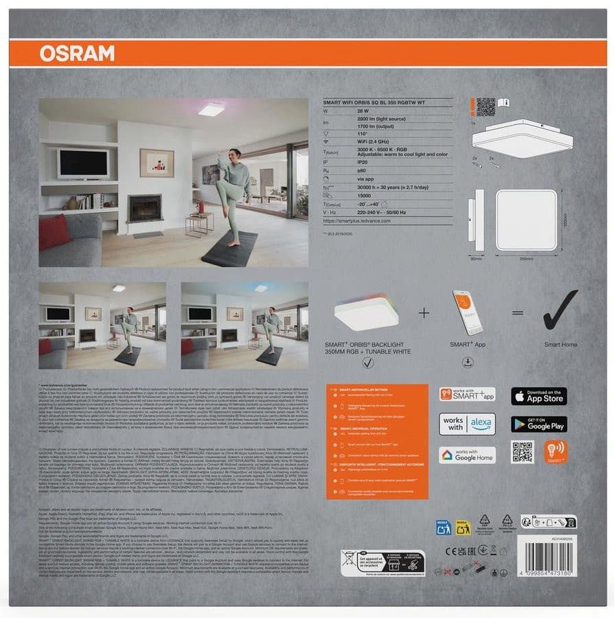 ORBIS BACKLIGHT lampa sufitowa, 350x350mm, WiFi RGB+ściemnianie, OSRAM, 2800lm, 28W, IP20, biały