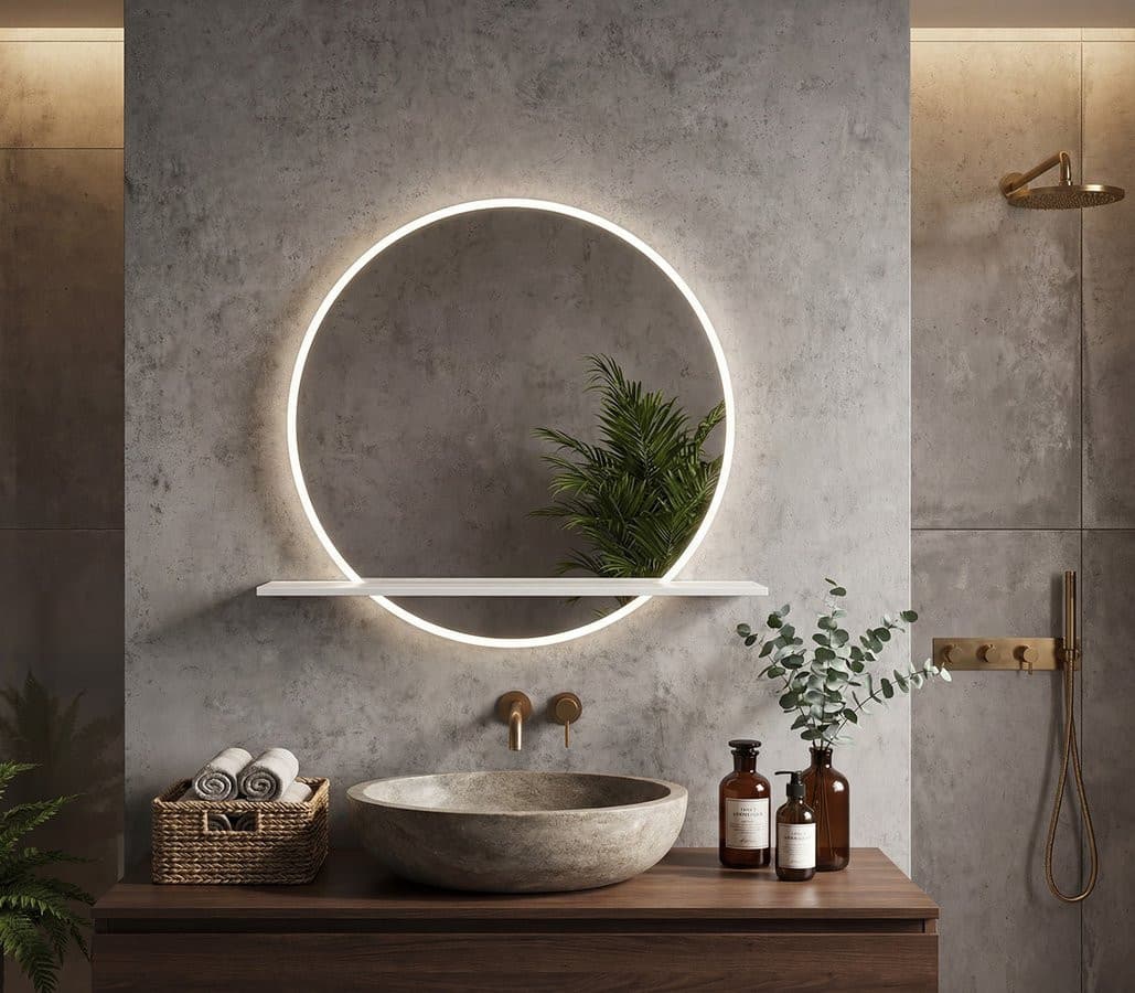 VISO okrągłe lustro z oświetleniem LED, ø 70cm, półką, biały mat