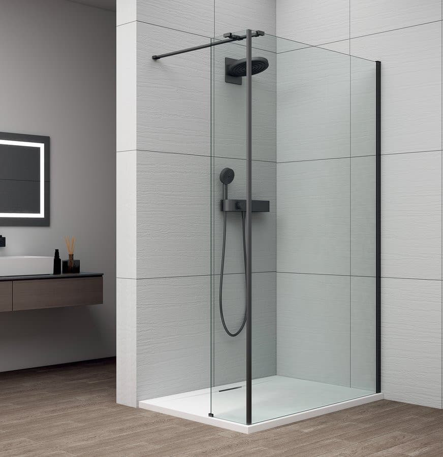 ESCA BLACK MATT kabina prysznicowa Walk-in do montażu do ściany 800mm dodatkowy panel 385mm, szkło czyste