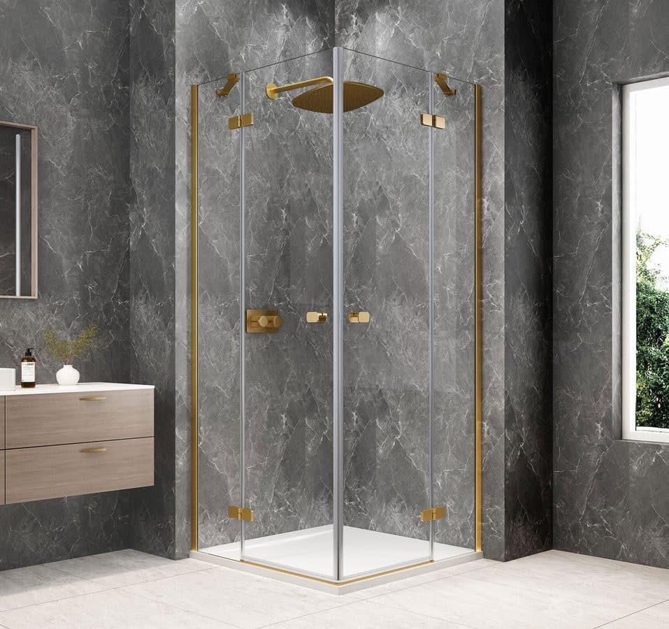 GLOBE GOLD MATT kwadratowa kabina prysznicowa 900x900mm, wejście z rogu, szkło czyste