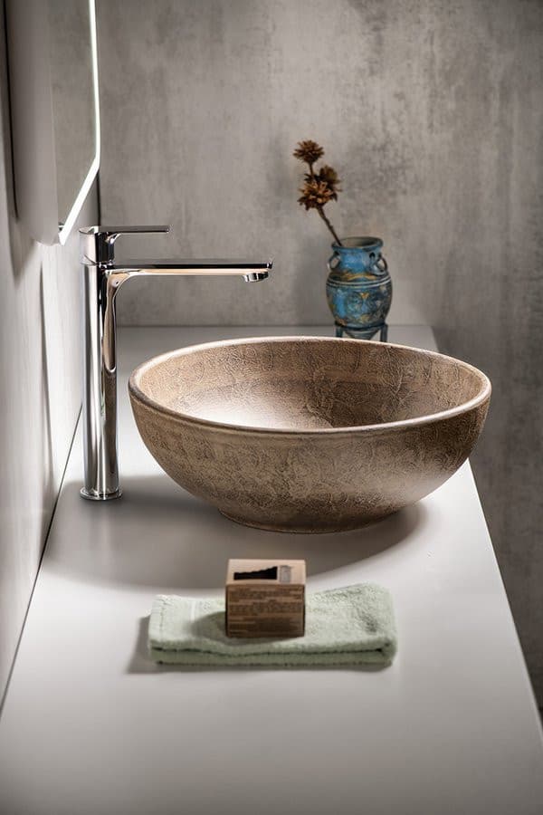 PRIORI umywalka ceramiczna nablatowa Ø 41 cm, brązowa ze wzorem