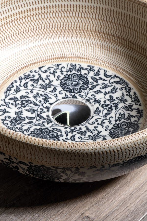 PRIORI umywalka ceramiczna nablatowa Ø 41 cm, beżowy z niebieskim wzorem